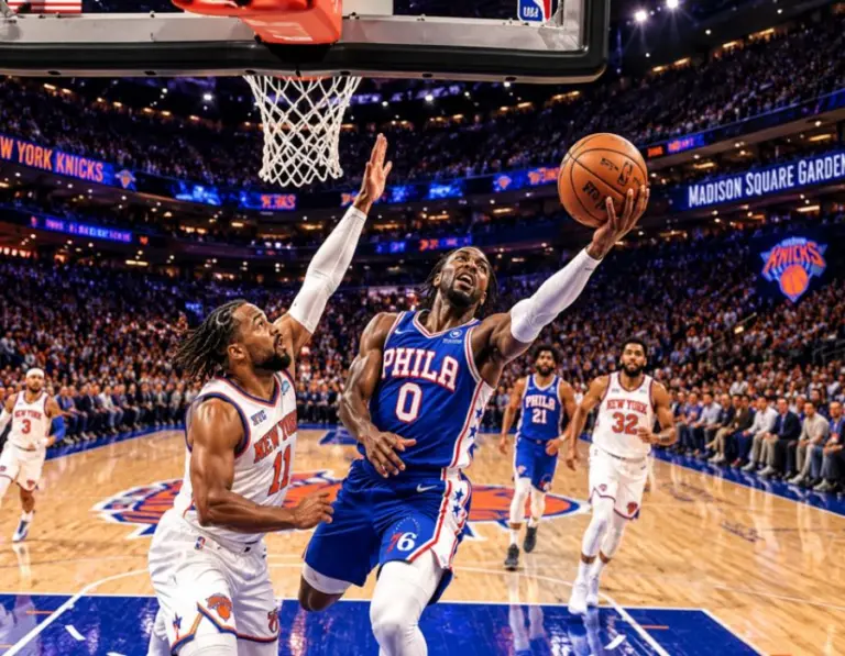 Los 76ers de LeBron James y Jalen Brown ganaron 106-100 a los campeones Knicks en NY